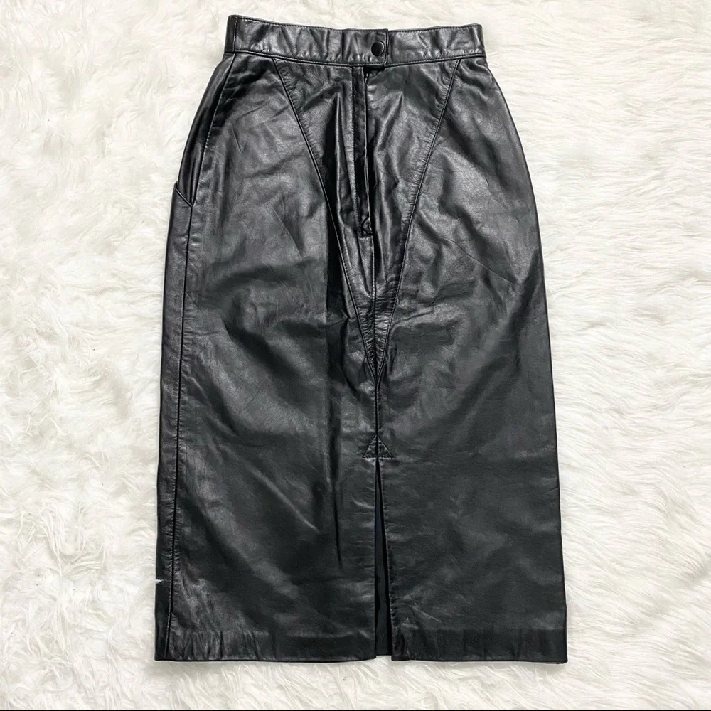 WILSONS Vintage Black Leather Pencil Skirt - Picture 2 of 7